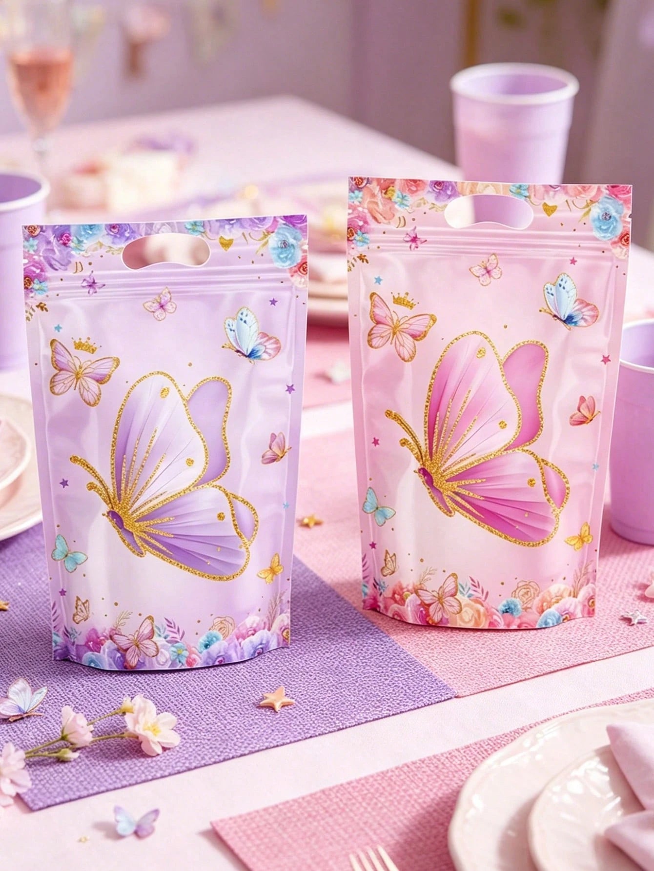 25pcs Butterfly Pattern Gift Bags, Bags With Butterfly And Flower Patterns, Party Favor Bags With Handles, 1st Birthday Party Decor, Baby Shower Party Favor Bags, Gender Reveal Party Supplies, Birthda