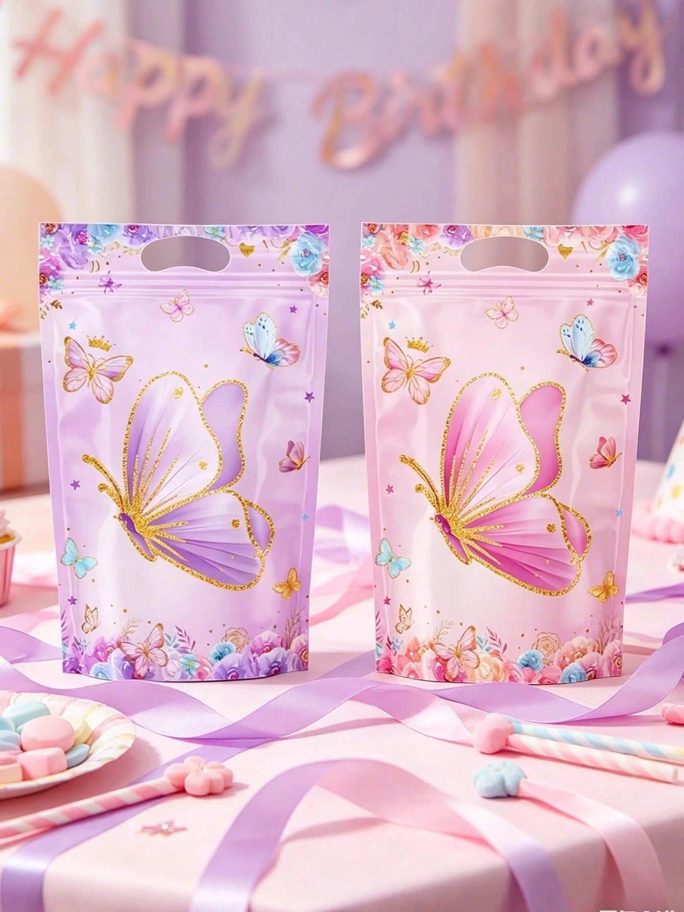 25pcs Butterfly Pattern Gift Bags, Bags With Butterfly And Flower Patterns, Party Favor Bags With Handles, 1st Birthday Party Decor, Baby Shower Party Favor Bags, Gender Reveal Party Supplies, Birthda