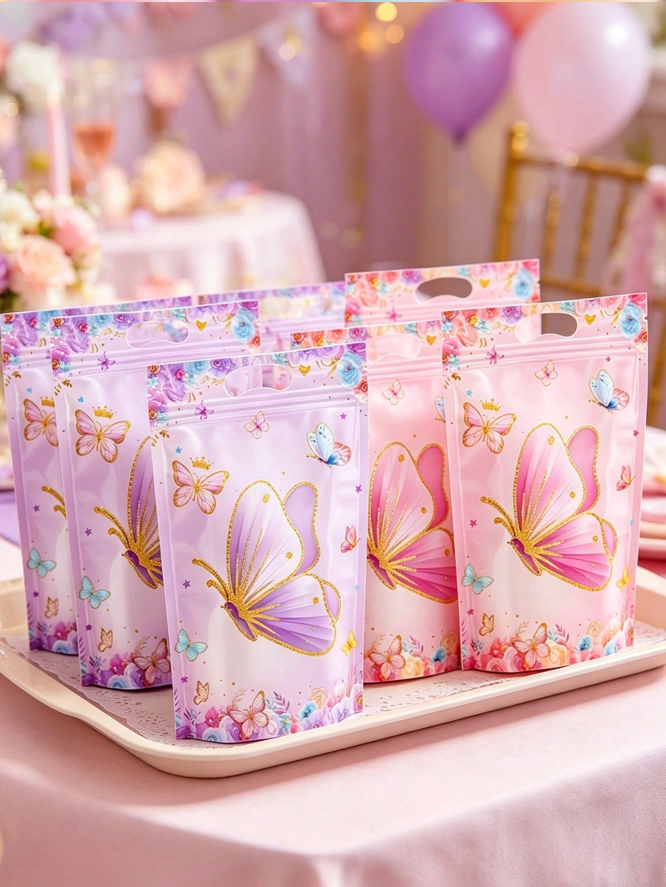 25pcs Butterfly Pattern Gift Bags, Bags With Butterfly And Flower Patterns, Party Favor Bags With Handles, 1st Birthday Party Decor, Baby Shower Party Favor Bags, Gender Reveal Party Supplies, Birthda