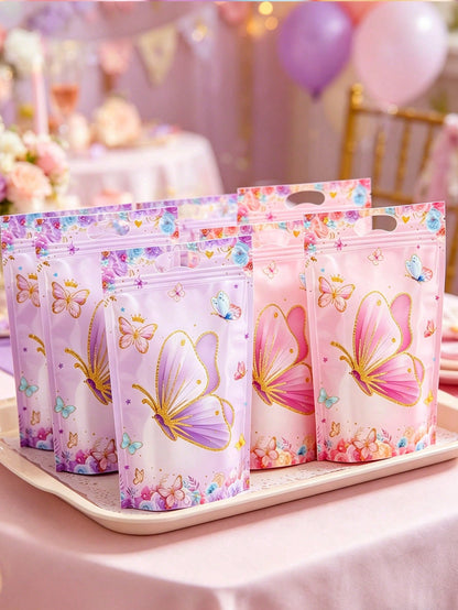 25pcs Butterfly Pattern Gift Bags, Bags With Butterfly And Flower Patterns, Party Favor Bags With Handles, 1st Birthday Party Decor, Baby Shower Party Favor Bags, Gender Reveal Party Supplies, Birthda
