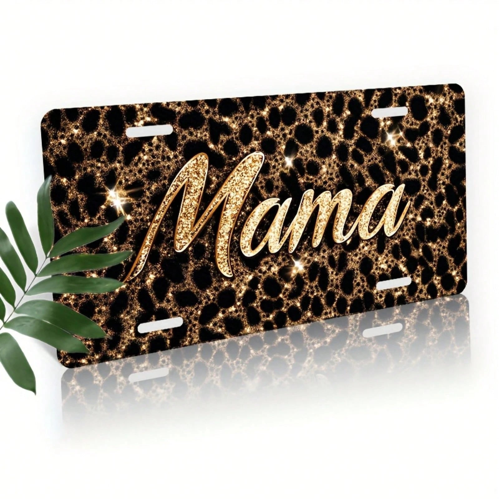 2D Flat, 1 Piece, For Decorative Use Only, Car License Plate Cover And Frame, Shiny "Mama" On A Leopard Print Background, Used For Decorating The Front License Plate, Waterproof Decorative Aluminum Li