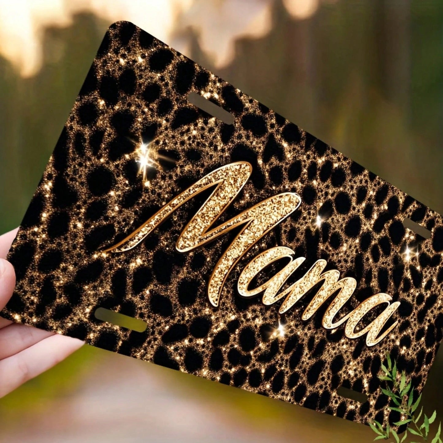 2D Flat, 1 Piece, For Decorative Use Only, Car License Plate Cover And Frame, Shiny "Mama" On A Leopard Print Background, Used For Decorating The Front License Plate, Waterproof Decorative Aluminum Li