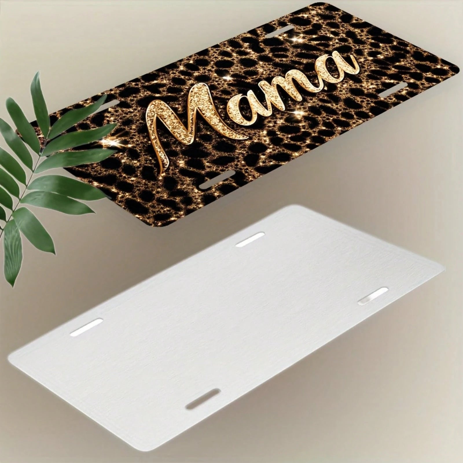 2D Flat, 1 Piece, For Decorative Use Only, Car License Plate Cover And Frame, Shiny "Mama" On A Leopard Print Background, Used For Decorating The Front License Plate, Waterproof Decorative Aluminum Li