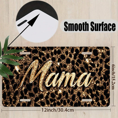2D Flat, 1 Piece, For Decorative Use Only, Car License Plate Cover And Frame, Shiny "Mama" On A Leopard Print Background, Used For Decorating The Front License Plate, Waterproof Decorative Aluminum Li
