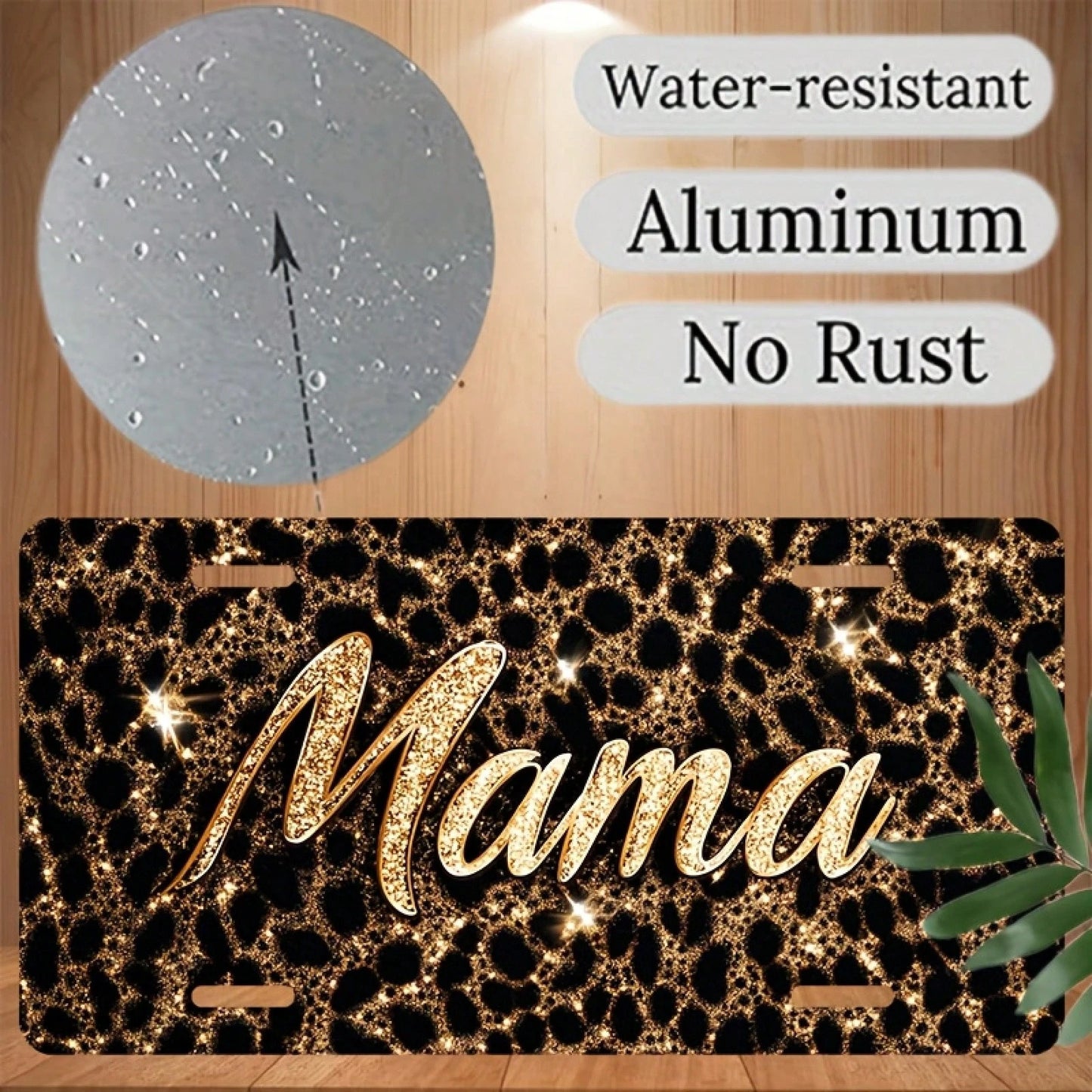 2D Flat, 1 Piece, For Decorative Use Only, Car License Plate Cover And Frame, Shiny "Mama" On A Leopard Print Background, Used For Decorating The Front License Plate, Waterproof Decorative Aluminum Li