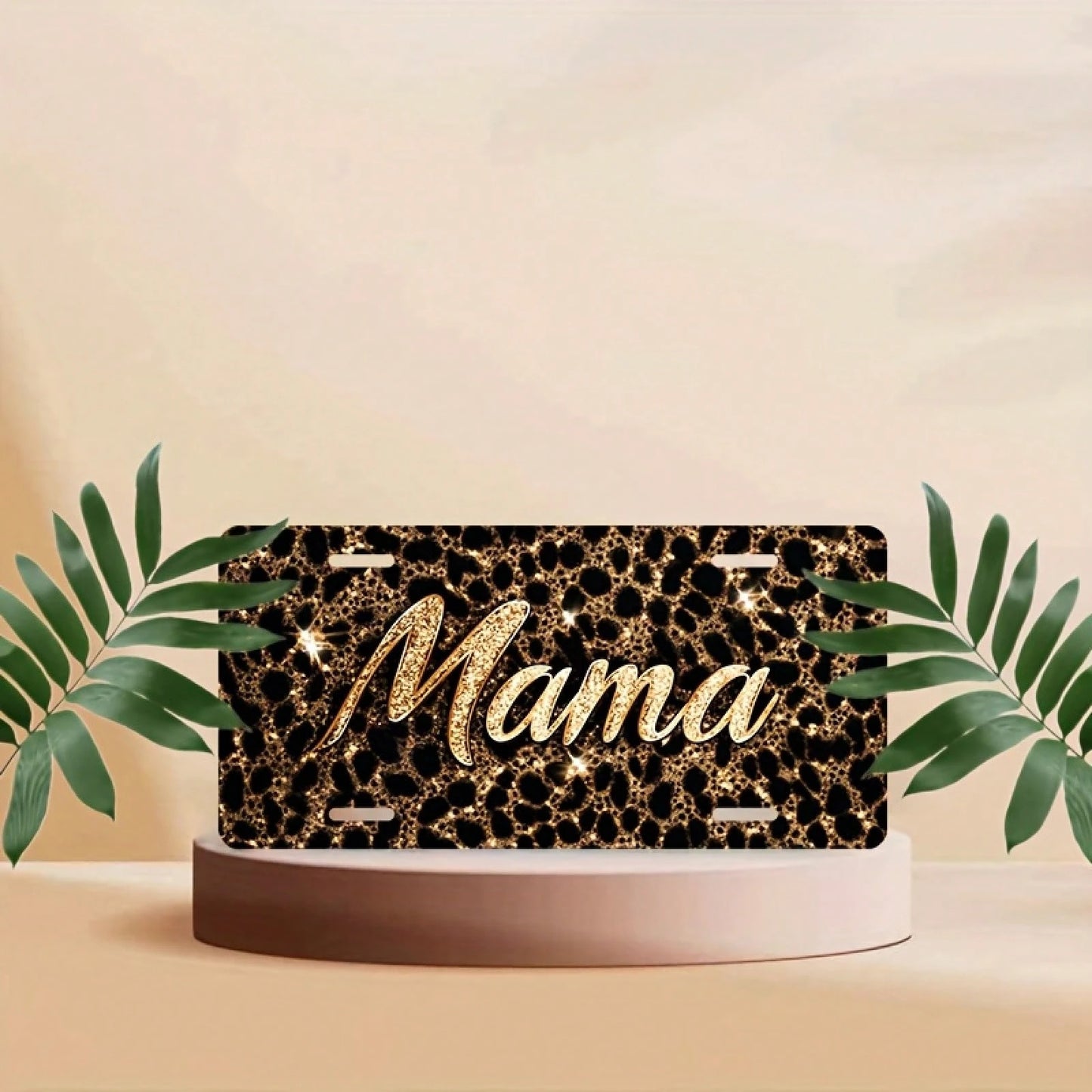 2D Flat, 1 Piece, For Decorative Use Only, Car License Plate Cover And Frame, Shiny "Mama" On A Leopard Print Background, Used For Decorating The Front License Plate, Waterproof Decorative Aluminum Li