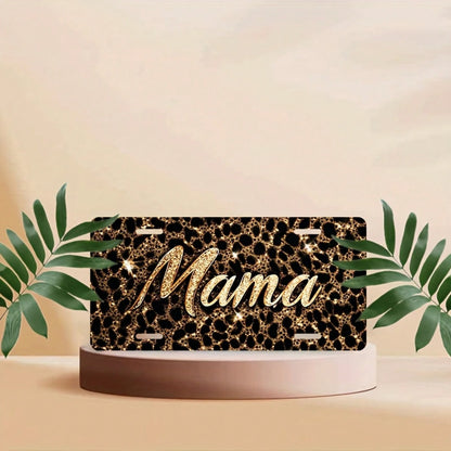 2D Flat, 1 Piece, For Decorative Use Only, Car License Plate Cover And Frame, Shiny "Mama" On A Leopard Print Background, Used For Decorating The Front License Plate, Waterproof Decorative Aluminum Li