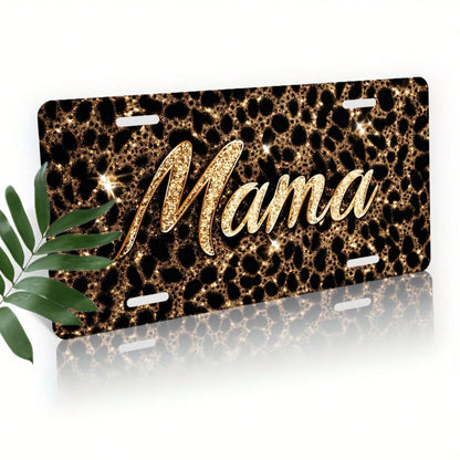 2D Flat, 1 Piece, For Decorative Use Only, Car License Plate Cover And Frame, Shiny "Mama" On A Leopard Print Background, Used For Decorating The Front License Plate, Waterproof Decorative Aluminum Li
