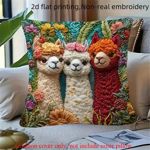 2D Printed Spring Alpaca Pattern Pillowcase, 45x45cm, Soft & Comfortable Polyester Fabric, Faux Embroidery, Zipper Closure, Washable, Suitable For Farmhouse, Car, Office, Home Sofa, Living Room And Be
