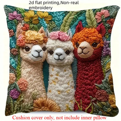 2D Printed Spring Alpaca Pattern Pillowcase, 45x45cm, Soft & Comfortable Polyester Fabric, Faux Embroidery, Zipper Closure, Washable, Suitable For Farmhouse, Car, Office, Home Sofa, Living Room And Be