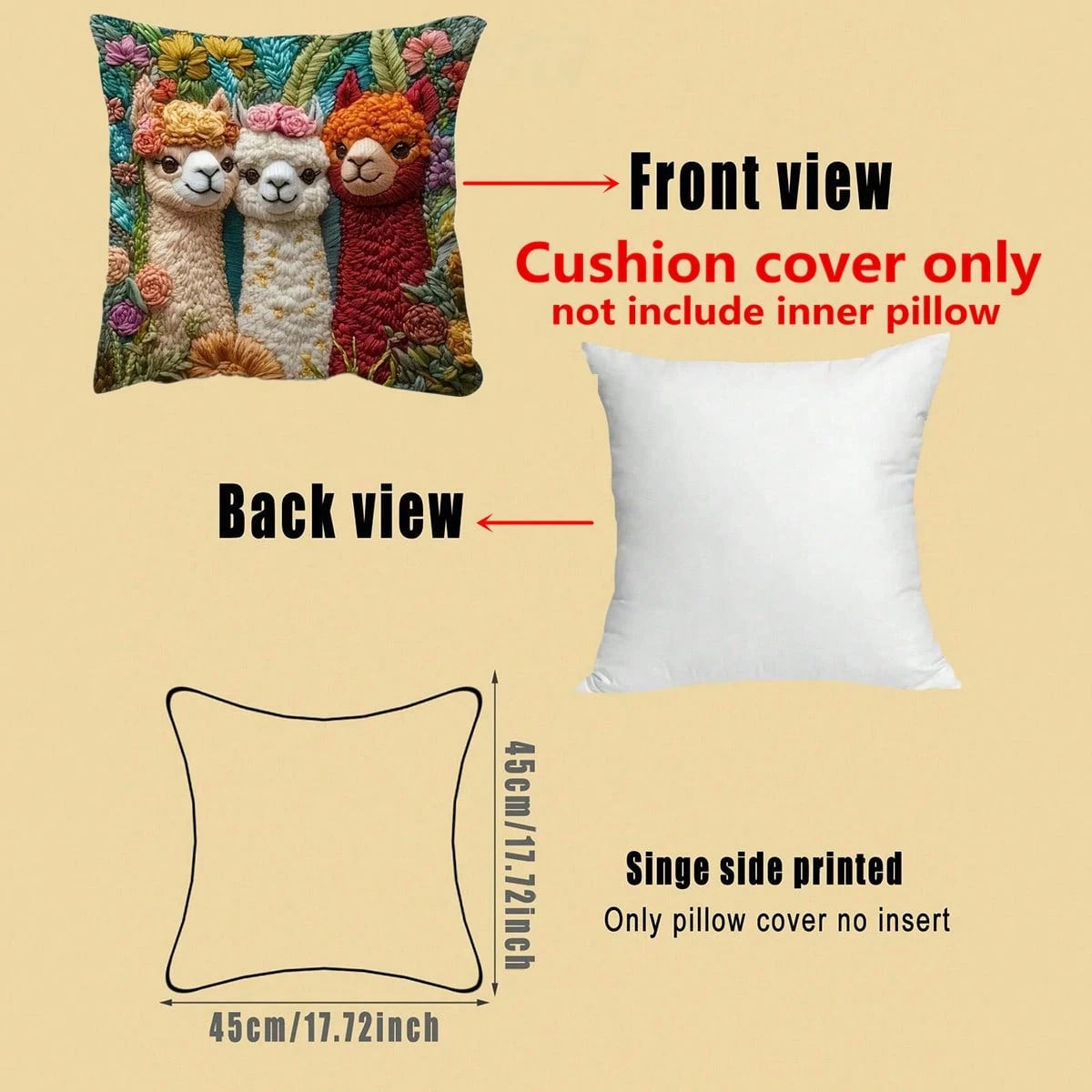 2D Printed Spring Alpaca Pattern Pillowcase, 45x45cm, Soft & Comfortable Polyester Fabric, Faux Embroidery, Zipper Closure, Washable, Suitable For Farmhouse, Car, Office, Home Sofa, Living Room And Be