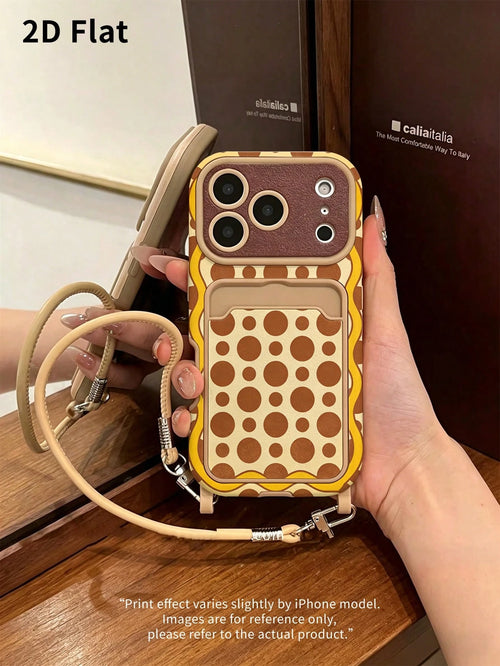 2DFlat 1PC Vintage Polka Dot Beige & Brown Contrast Phone Case, Distressed Niche American Retro Style Anti-Fall Soft Shell With Built-In Lanyard And Card Holder, Anti-Slip, Anti-Fingerprint, Wear-Resi