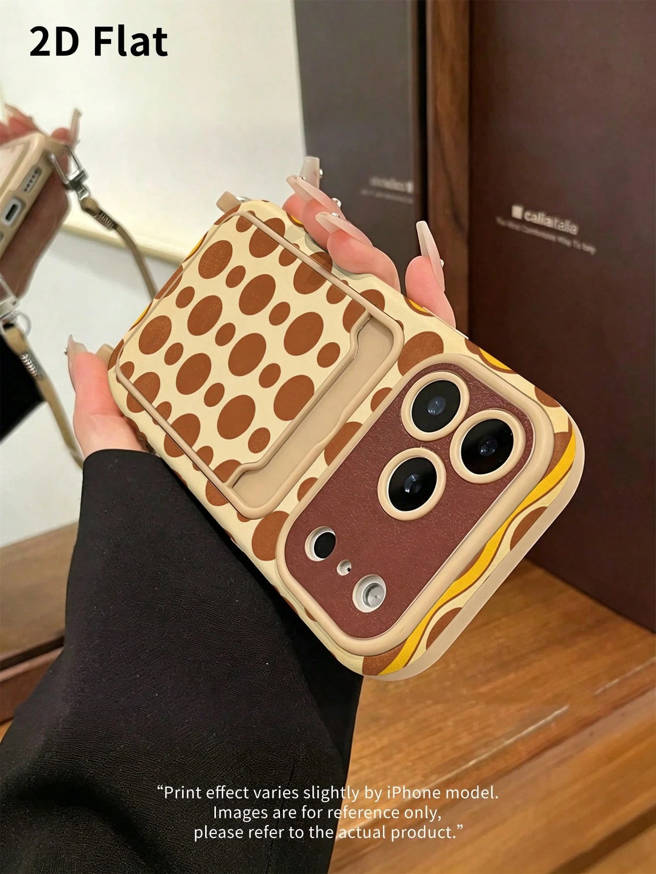 2DFlat 1PC Vintage Polka Dot Beige & Brown Contrast Phone Case, Distressed Niche American Retro Style Anti-Fall Soft Shell With Built-In Lanyard And Card Holder, Anti-Slip, Anti-Fingerprint, Wear-Resi