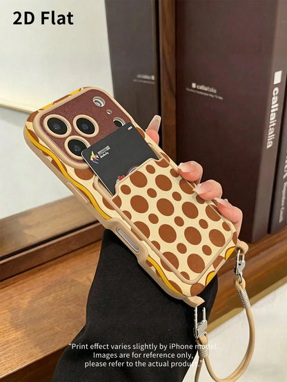 2DFlat 1PC Vintage Polka Dot Beige & Brown Contrast Phone Case, Distressed Niche American Retro Style Anti-Fall Soft Shell With Built-In Lanyard And Card Holder, Anti-Slip, Anti-Fingerprint, Wear-Resi
