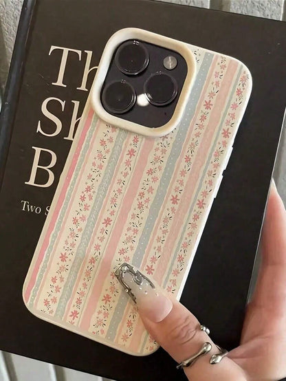 2pc White Floral Blue & Pink Striped Minimalist Pattern Full Coverage TPU Shockproof Phone Case Compatible With Apple 16, 15, 14, 13, 12, 11 Pro Max And SeriesFOR-YOUR-BELOVED-PHONE Christmas Gifts Ch