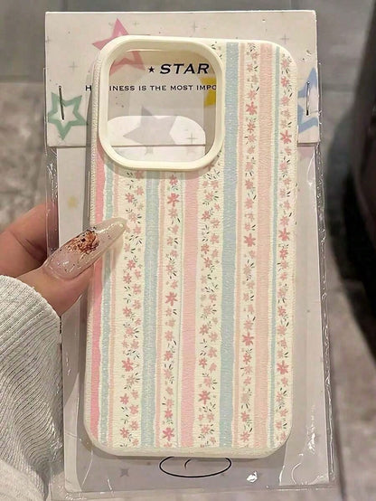 2pc White Floral Blue & Pink Striped Minimalist Pattern Full Coverage TPU Shockproof Phone Case Compatible With Apple 16, 15, 14, 13, 12, 11 Pro Max And SeriesFOR-YOUR-BELOVED-PHONE Christmas Gifts Ch