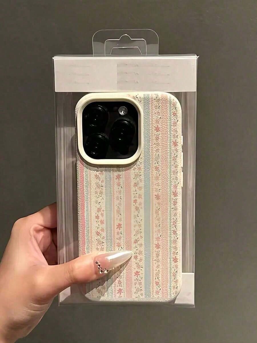 2pc White Floral Blue & Pink Striped Minimalist Pattern Full Coverage TPU Shockproof Phone Case Compatible With Apple 16, 15, 14, 13, 12, 11 Pro Max And SeriesFOR-YOUR-BELOVED-PHONE Christmas Gifts Ch