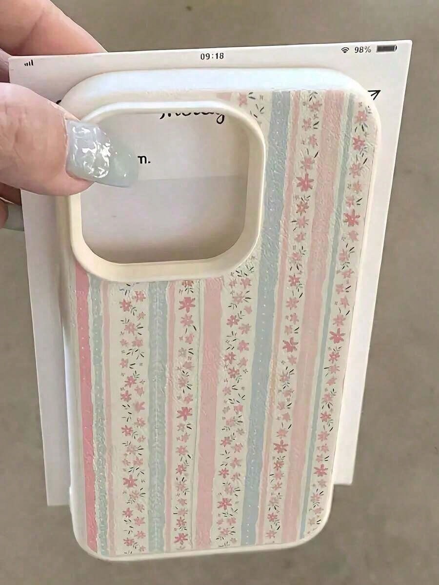 2pc White Floral Blue & Pink Striped Minimalist Pattern Full Coverage TPU Shockproof Phone Case Compatible With Apple 16, 15, 14, 13, 12, 11 Pro Max And SeriesFOR-YOUR-BELOVED-PHONE Christmas Gifts Ch