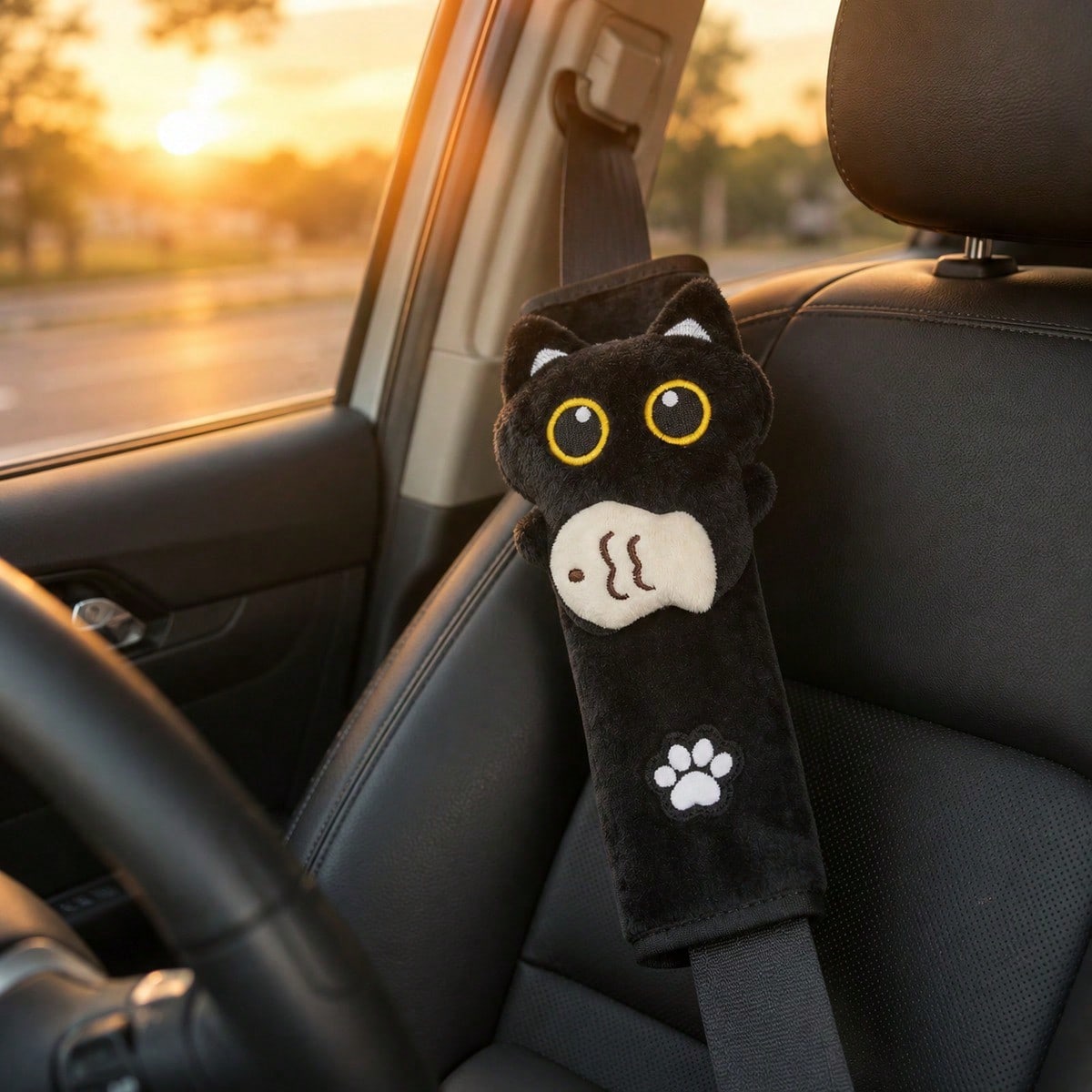 2pcs/1PC Novel Black Cat Holding Fish Seat Belt Shoulder Pad- Made Of Durable And Sturdy Fabric- High Comfort- Suitable For Most Age Groups