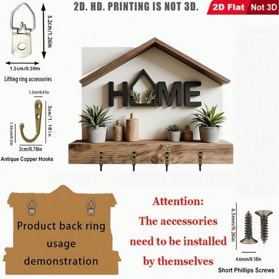 2pcs 2D Flat HOME Themed Key Holder Hook, Wooden Multi-Function Key Rack With 4 Metal Hooks, Wall Decor, Entryway, Room, Kitchen, Villa, Seasonal Home Decor