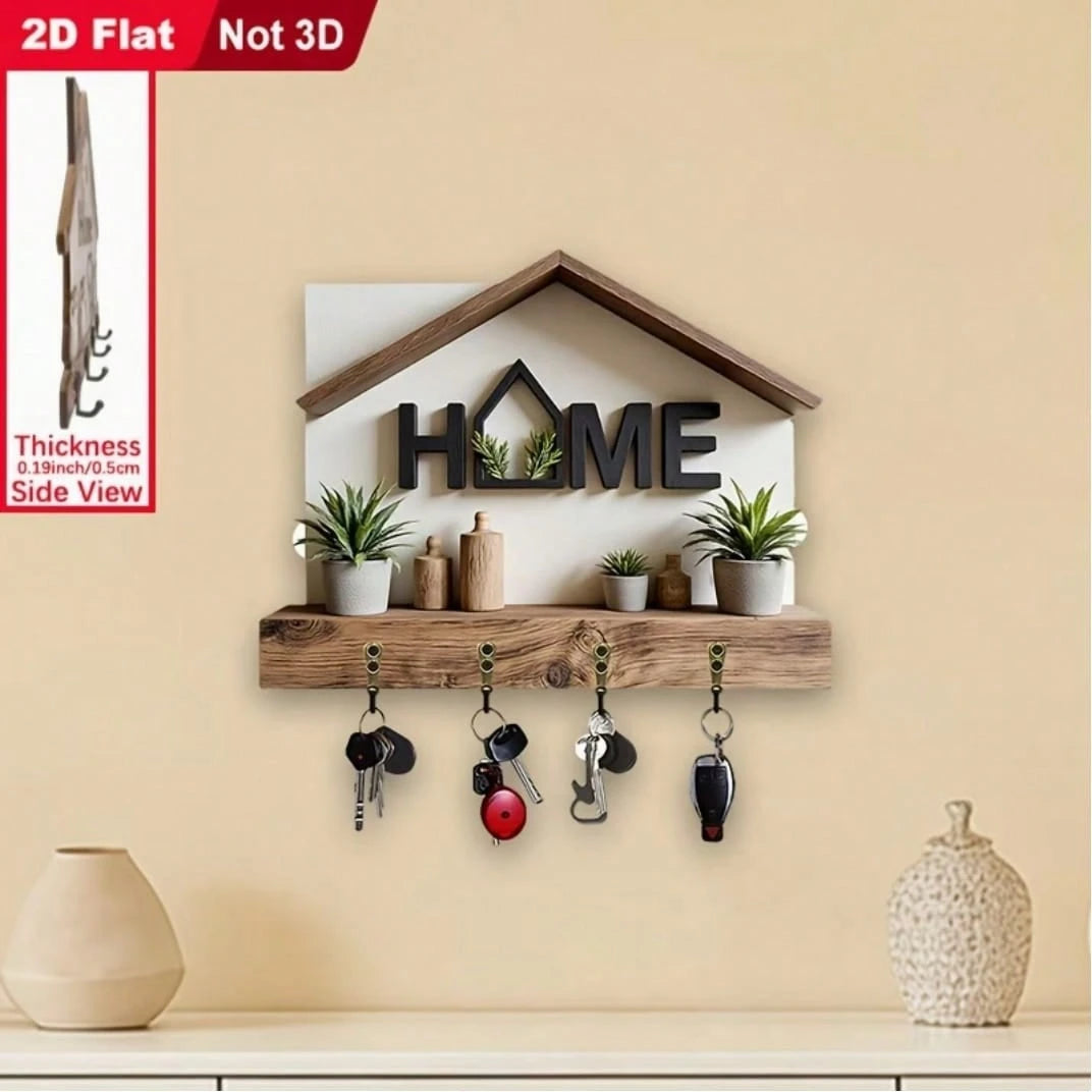 2pcs 2D Flat HOME Themed Key Holder Hook, Wooden Multi-Function Key Rack With 4 Metal Hooks, Wall Decor, Entryway, Room, Kitchen, Villa, Seasonal Home Decor