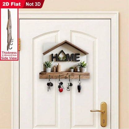 2pcs 2D Flat HOME Themed Key Holder Hook, Wooden Multi-Function Key Rack With 4 Metal Hooks, Wall Decor, Entryway, Room, Kitchen, Villa, Seasonal Home Decor