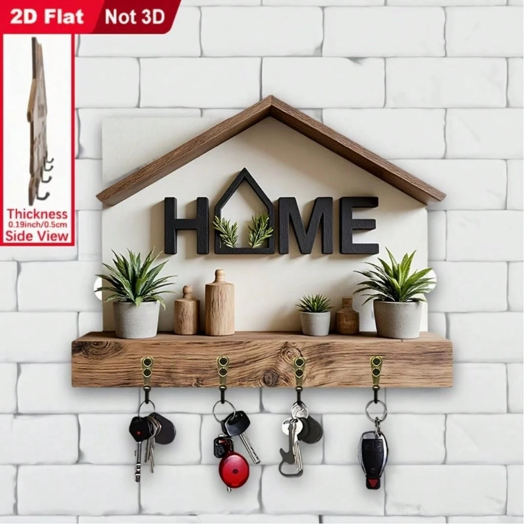 2pcs 2D Flat HOME Themed Key Holder Hook, Wooden Multi-Function Key Rack With 4 Metal Hooks, Wall Decor, Entryway, Room, Kitchen, Villa, Seasonal Home Decor