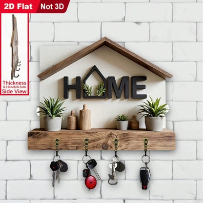 2pcs 2D Flat HOME Themed Key Holder Hook, Wooden Multi-Function Key Rack With 4 Metal Hooks, Wall Decor, Entryway, Room, Kitchen, Villa, Seasonal Home Decor