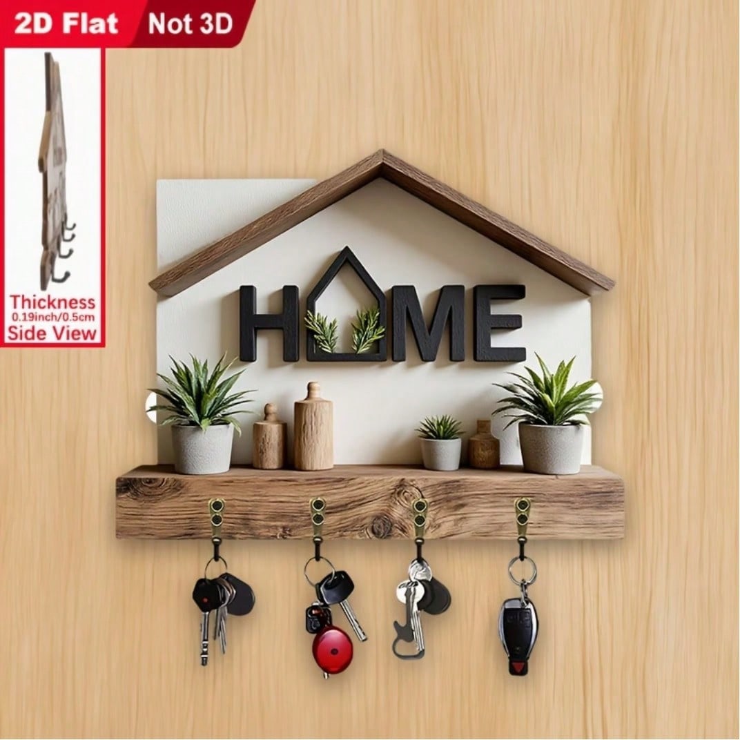 2pcs 2D Flat HOME Themed Key Holder Hook, Wooden Multi-Function Key Rack With 4 Metal Hooks, Wall Decor, Entryway, Room, Kitchen, Villa, Seasonal Home Decor