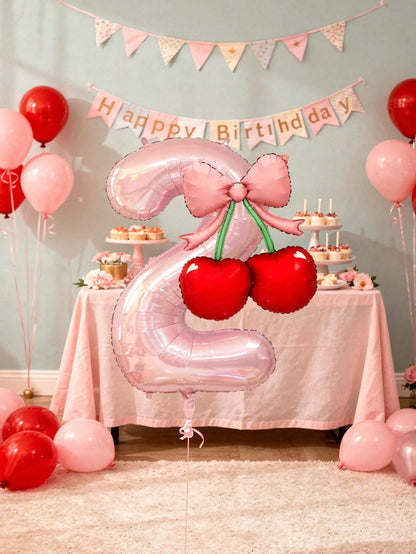 2pcs 40-Inch Number Balloon Set, Large Pink 0-9 Number Foil Balloons, Cherry Bow Shaped Balloons, Suitable For Birthday Party, Baby Shower Decoration