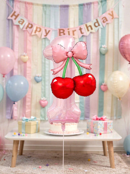 2pcs 40-Inch Number Balloon Set, Large Pink 0-9 Number Foil Balloons, Cherry Bow Shaped Balloons, Suitable For Birthday Party, Baby Shower Decoration