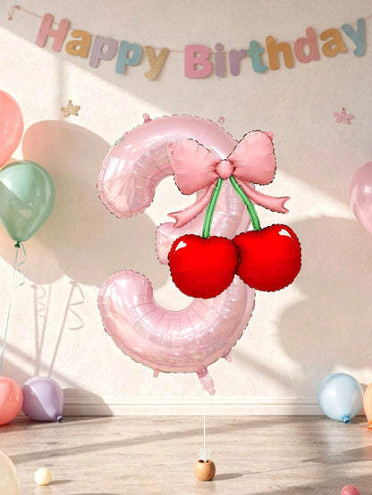 2pcs 40-Inch Number Balloon Set, Large Pink 0-9 Number Foil Balloons, Cherry Bow Shaped Balloons, Suitable For Birthday Party, Baby Shower Decoration