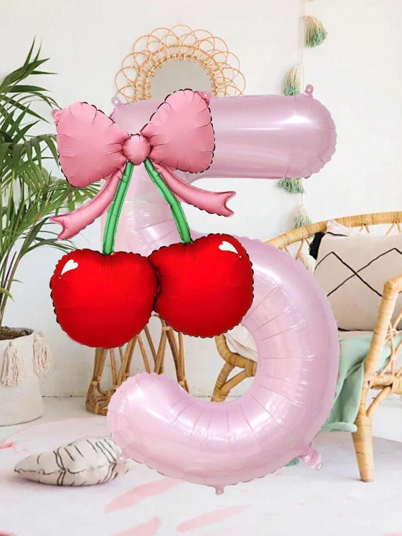 2pcs 40-Inch Number Balloon Set, Large Pink 0-9 Number Foil Balloons, Cherry Bow Shaped Balloons, Suitable For Birthday Party, Baby Shower Decoration