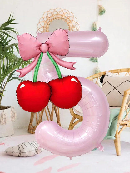 2pcs 40-Inch Number Balloon Set, Large Pink 0-9 Number Foil Balloons, Cherry Bow Shaped Balloons, Suitable For Birthday Party, Baby Shower Decoration