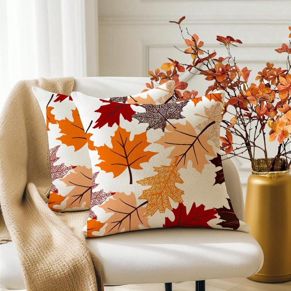 2pcs Autumn Maple Leaf Pillowcase Set, Watercolor Autumn Leaf Print Cushion Cover, Linen Style Pillowcase, Suitable For Living Room Sofa Home Decor