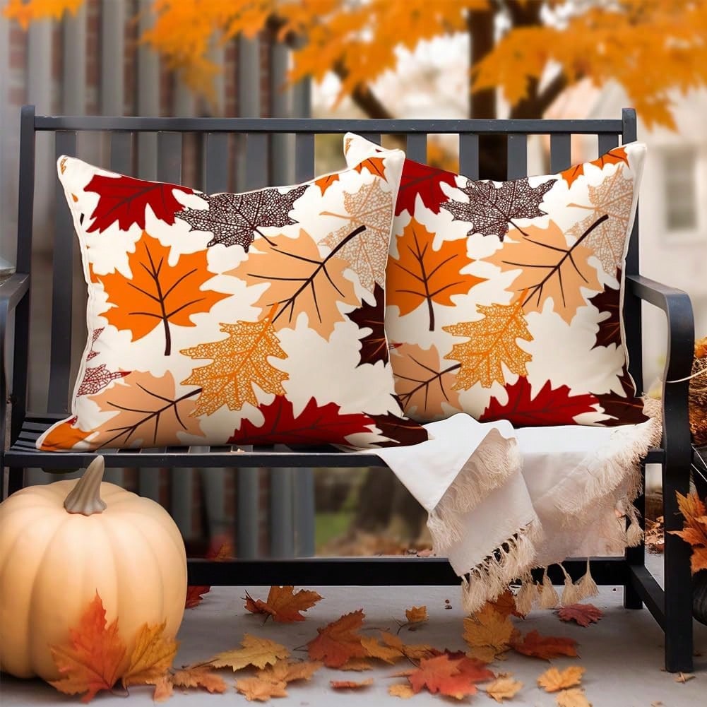 2pcs Autumn Maple Leaf Pillowcase Set, Watercolor Autumn Leaf Print Cushion Cover, Linen Style Pillowcase, Suitable For Living Room Sofa Home Decor