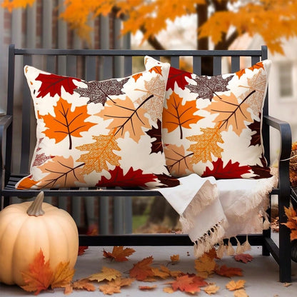 2pcs Autumn Maple Leaf Pillowcase Set, Watercolor Autumn Leaf Print Cushion Cover, Linen Style Pillowcase, Suitable For Living Room Sofa Home Decor