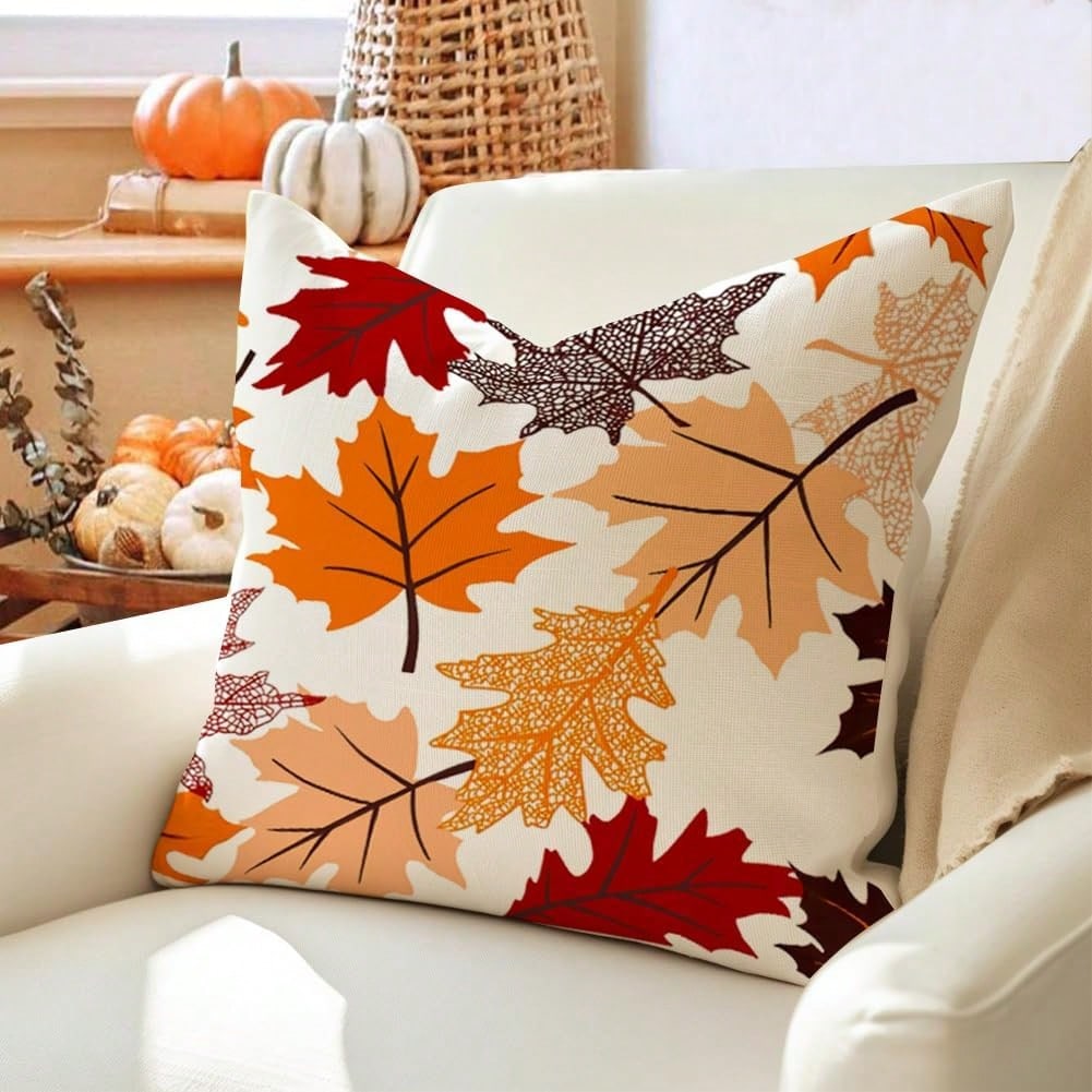 2pcs Autumn Maple Leaf Pillowcase Set, Watercolor Autumn Leaf Print Cushion Cover, Linen Style Pillowcase, Suitable For Living Room Sofa Home Decor