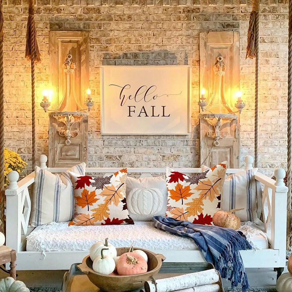 2pcs Autumn Maple Leaf Pillowcase Set, Watercolor Autumn Leaf Print Cushion Cover, Linen Style Pillowcase, Suitable For Living Room Sofa Home Decor