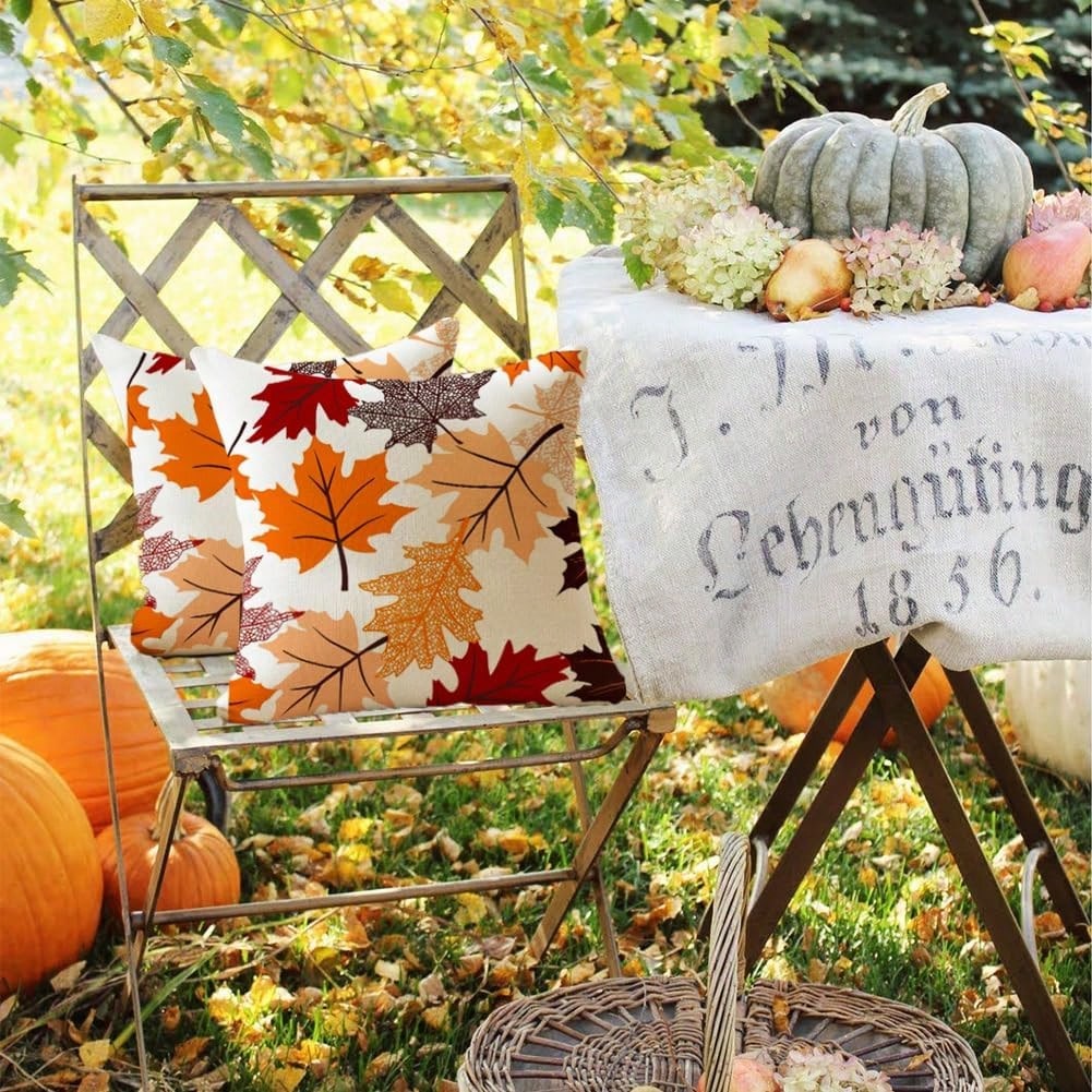 2pcs Autumn Maple Leaf Pillowcase Set, Watercolor Autumn Leaf Print Cushion Cover, Linen Style Pillowcase, Suitable For Living Room Sofa Home Decor