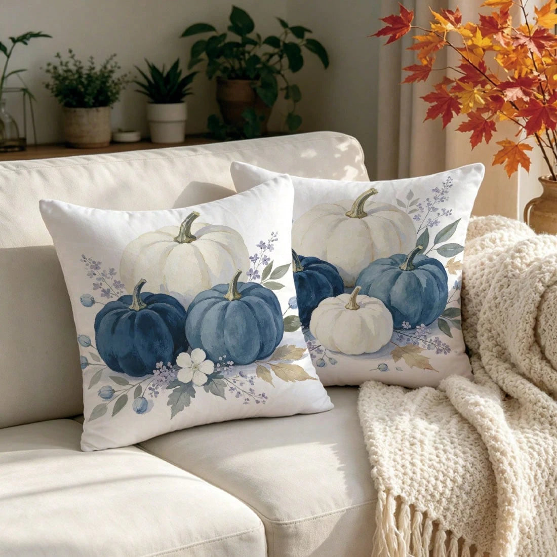 2pcs Autumn Minimalist Pastoral Style Blue & White Pumpkin Floral Cushion Covers, Single-Sided Printed Skin-Friendly Peach Skin Velvet Material, 45*45CM Pillow Covers Suitable For Living Room, Bedroom
