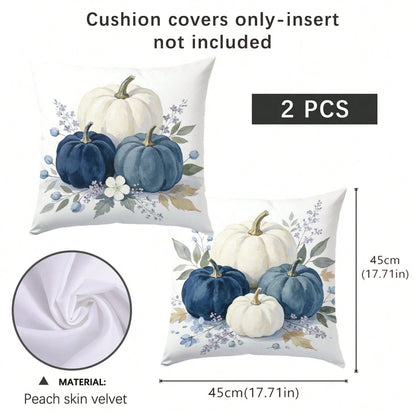 2pcs Autumn Minimalist Pastoral Style Blue & White Pumpkin Floral Cushion Covers, Single-Sided Printed Skin-Friendly Peach Skin Velvet Material, 45*45CM Pillow Covers Suitable For Living Room, Bedroom
