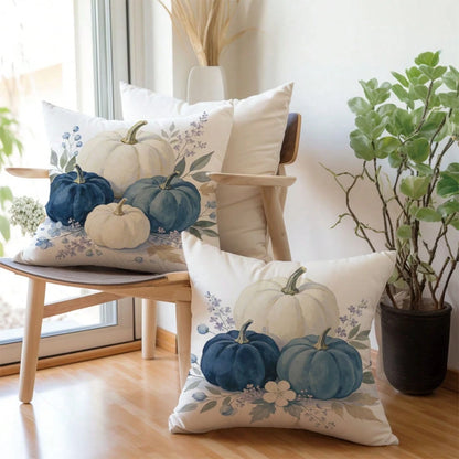 2pcs Autumn Minimalist Pastoral Style Blue & White Pumpkin Floral Cushion Covers, Single-Sided Printed Skin-Friendly Peach Skin Velvet Material, 45*45CM Pillow Covers Suitable For Living Room, Bedroom
