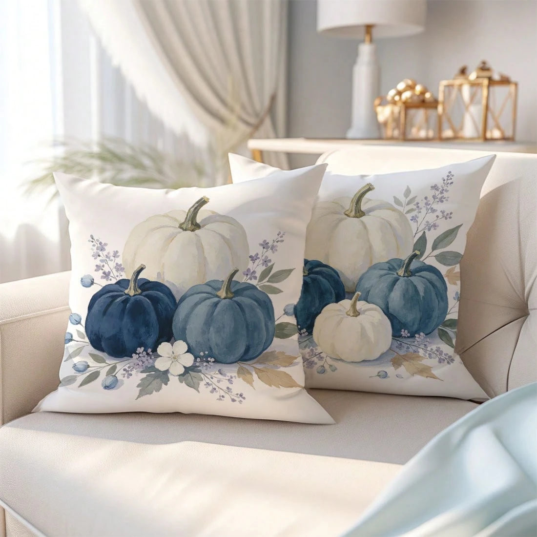 2pcs Autumn Minimalist Pastoral Style Blue & White Pumpkin Floral Cushion Covers, Single-Sided Printed Skin-Friendly Peach Skin Velvet Material, 45*45CM Pillow Covers Suitable For Living Room, Bedroom