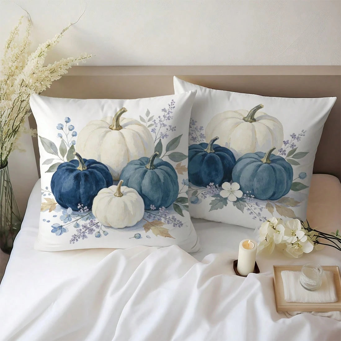 2pcs Autumn Minimalist Pastoral Style Blue & White Pumpkin Floral Cushion Covers, Single-Sided Printed Skin-Friendly Peach Skin Velvet Material, 45*45CM Pillow Covers Suitable For Living Room, Bedroom