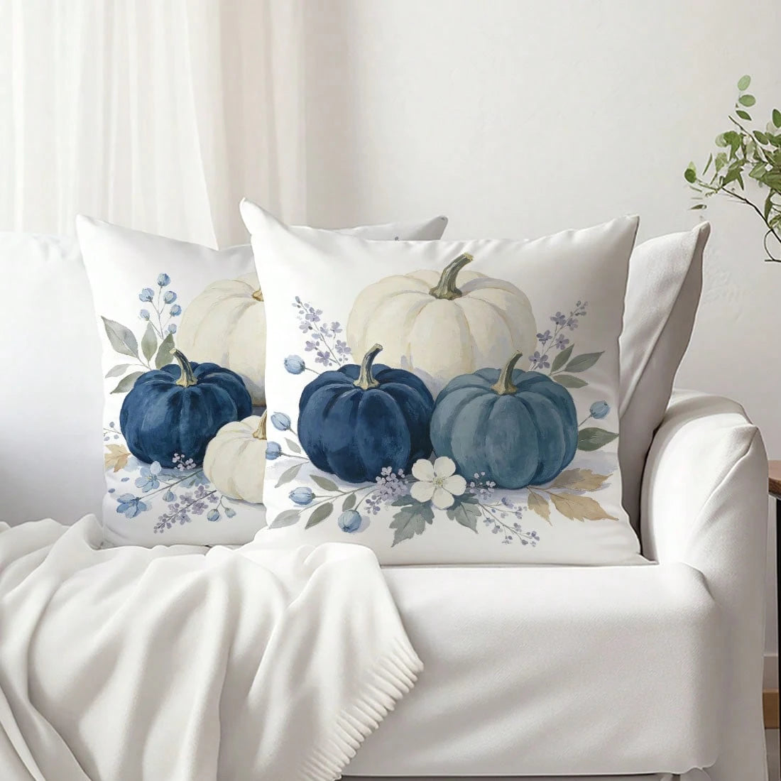 2pcs Autumn Minimalist Pastoral Style Blue & White Pumpkin Floral Cushion Covers, Single-Sided Printed Skin-Friendly Peach Skin Velvet Material, 45*45CM Pillow Covers Suitable For Living Room, Bedroom