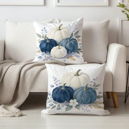 2pcs Autumn Minimalist Pastoral Style Blue & White Pumpkin Floral Cushion Covers, Single-Sided Printed Skin-Friendly Peach Skin Velvet Material, 45*45CM Pillow Covers Suitable For Living Room, Bedroom