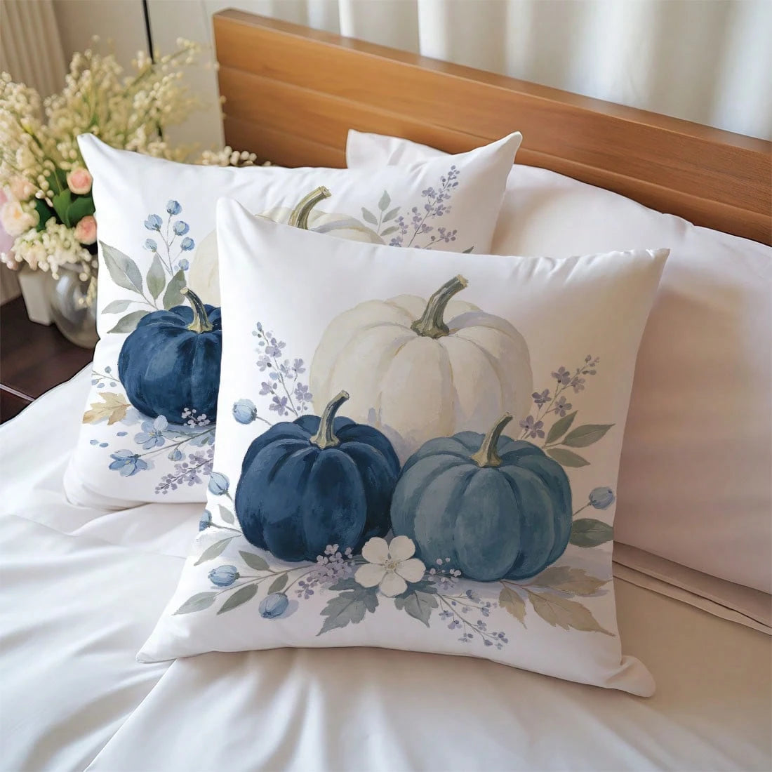2pcs Autumn Minimalist Pastoral Style Blue & White Pumpkin Floral Cushion Covers, Single-Sided Printed Skin-Friendly Peach Skin Velvet Material, 45*45CM Pillow Covers Suitable For Living Room, Bedroom