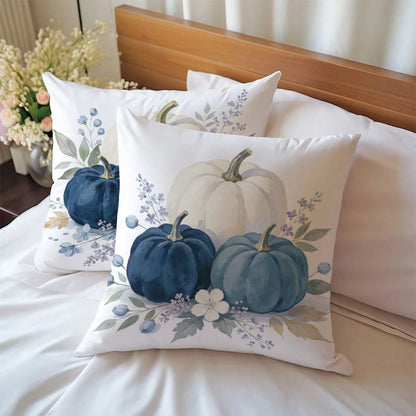 2pcs Autumn Minimalist Pastoral Style Blue & White Pumpkin Floral Cushion Covers, Single-Sided Printed Skin-Friendly Peach Skin Velvet Material, 45*45CM Pillow Covers Suitable For Living Room, Bedroom