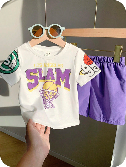 2pcs Baby Boys Summer Casual Sports Cartoon Basketball Print Short Sleeve T-Shirt And Elastic Waist Purple Shorts Set Outfit For Toddler Beach Wear